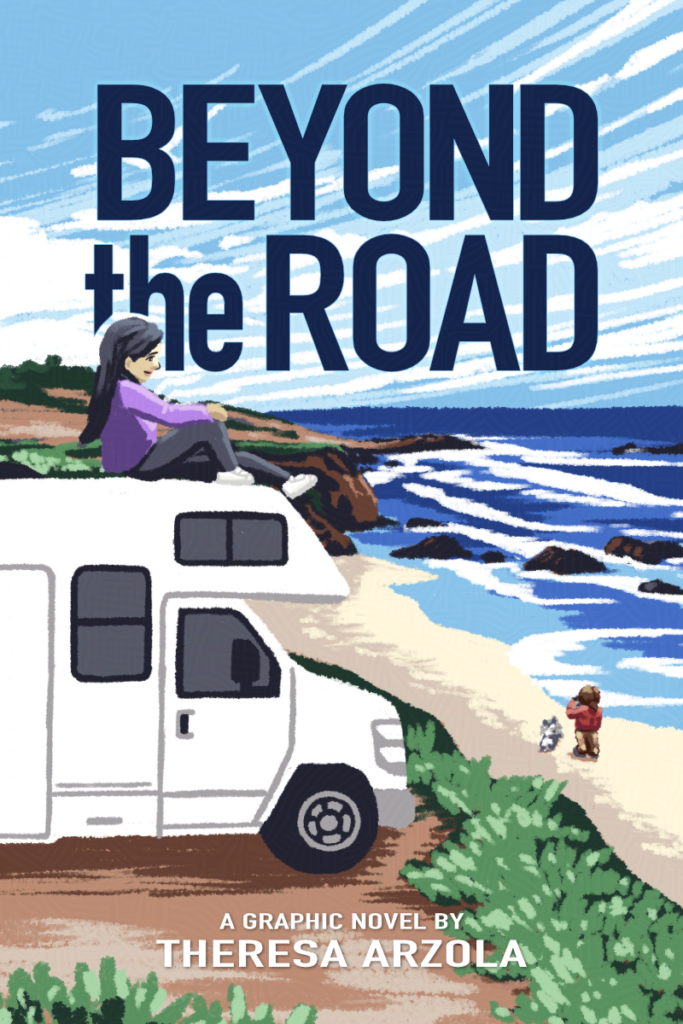 Cover of Beyond the Road showing a woman sitting on top of an RV looking at a coastal horizon